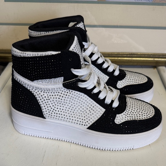 Stylish Black and White High-Top Women's Sneakers with rhinestones - Picture 3 of 7